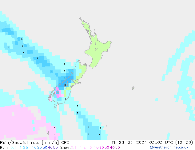 Rain/Snowfall rate GFS jue 26.09.2024 03 UTC