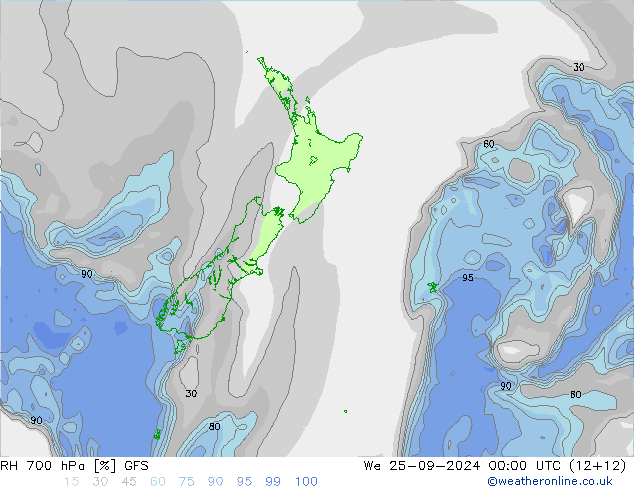 Humidité rel. 700 hPa GFS mer 25.09.2024 00 UTC