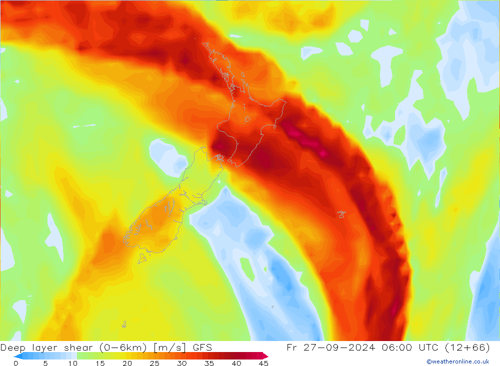 Deep layer shear (0-6km) GFS Sex 27.09.2024 06 UTC