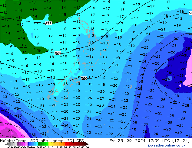 Z500/Rain (+SLP)/Z850 GFS We 25.09.2024 12 UTC