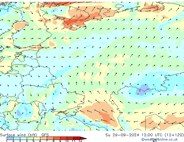 Vent 10 m (bft) GFS dim 29.09.2024 12 UTC