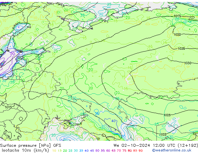 Isotachs (kph) GFS mer 02.10.2024 12 UTC