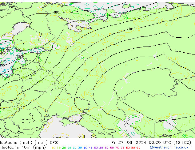 Isotachen (mph) GFS vr 27.09.2024 00 UTC