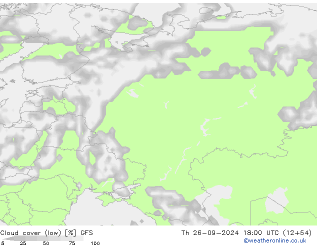 Cloud cover (low) GFS Th 26.09.2024 18 UTC