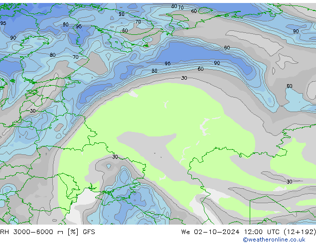 Humedad rel. 3000-6000m GFS mié 02.10.2024 12 UTC