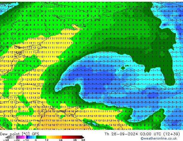 Ponto de orvalho GFS Qui 26.09.2024 03 UTC