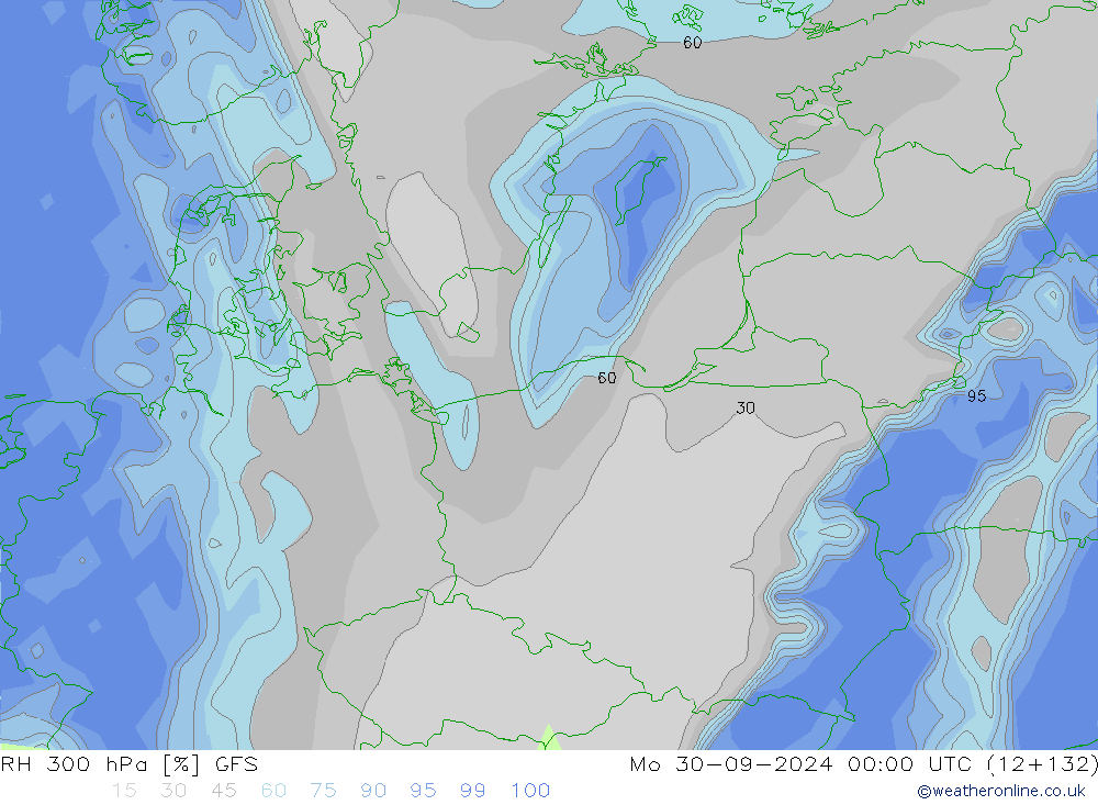 RH 300 hPa GFS Po 30.09.2024 00 UTC