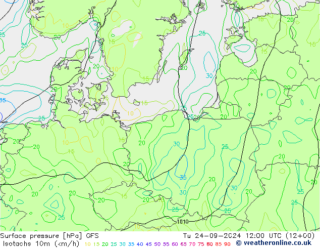 Isotachen (km/h) GFS di 24.09.2024 12 UTC