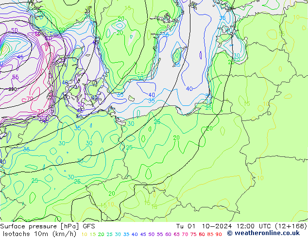 Isotachs (kph) GFS mar 01.10.2024 12 UTC