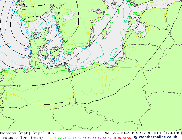 Isotachs (mph) GFS Qua 02.10.2024 00 UTC