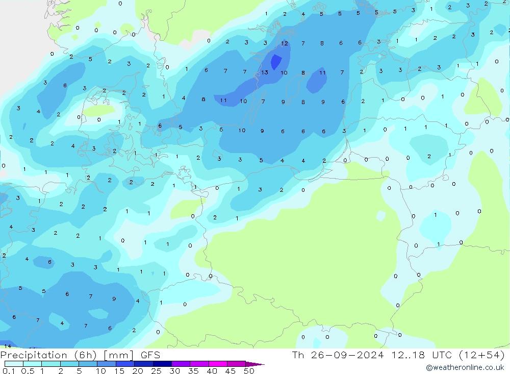 Precipitation (6h) GFS Čt 26.09.2024 18 UTC