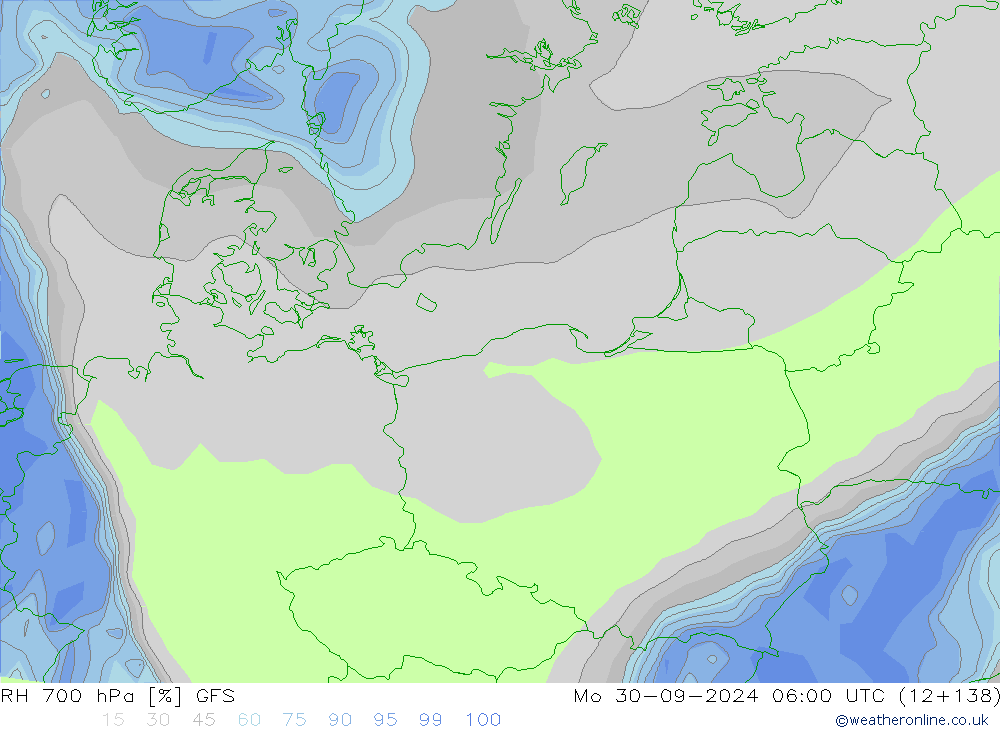 RH 700 гПа GFS пн 30.09.2024 06 UTC