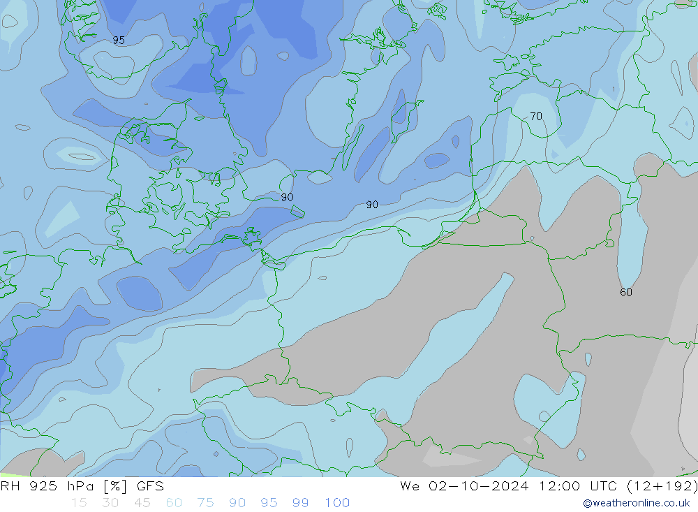 RH 925 hPa GFS Qua 02.10.2024 12 UTC