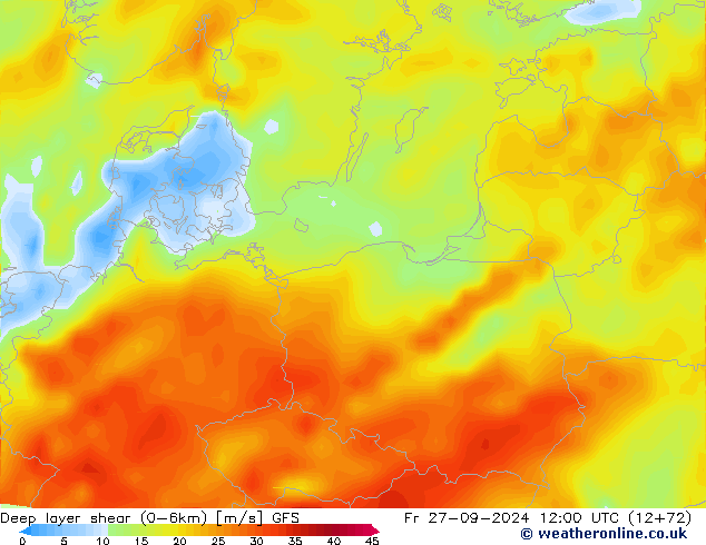 Deep layer shear (0-6km) GFS Fr 27.09.2024 12 UTC