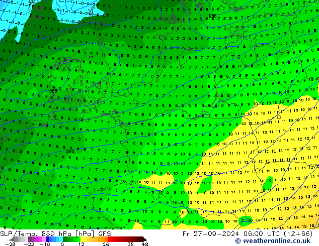 SLP/Temp. 850 hPa GFS vr 27.09.2024 06 UTC