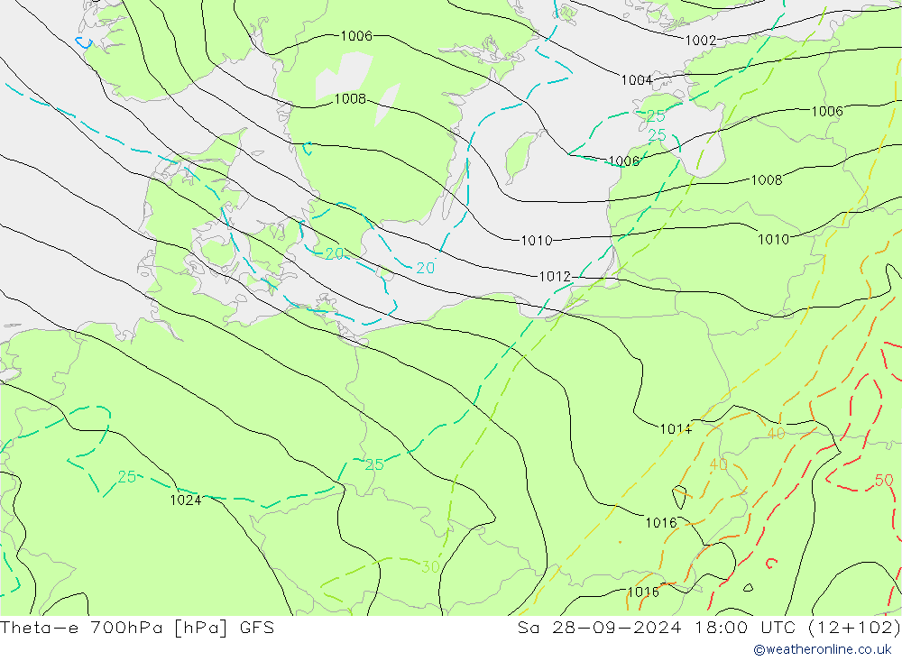 Theta-e 700hPa GFS sab 28.09.2024 18 UTC