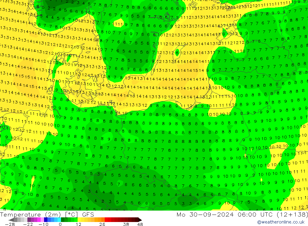 Temperatura (2m) GFS lun 30.09.2024 06 UTC