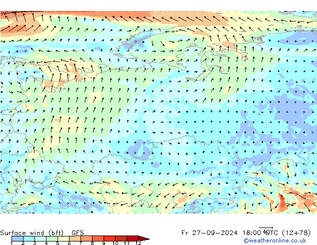 Surface wind (bft) GFS Pá 27.09.2024 18 UTC