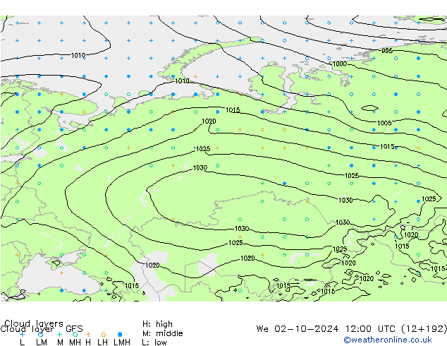 Cloud layer GFS mer 02.10.2024 12 UTC