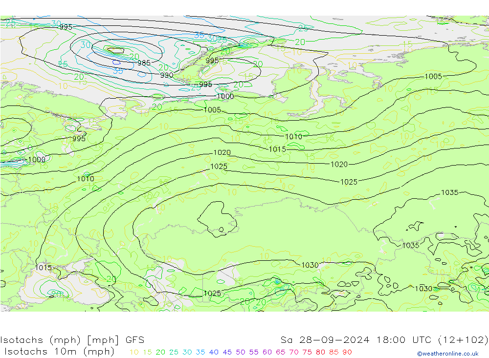 Isotachs (mph) GFS sam 28.09.2024 18 UTC