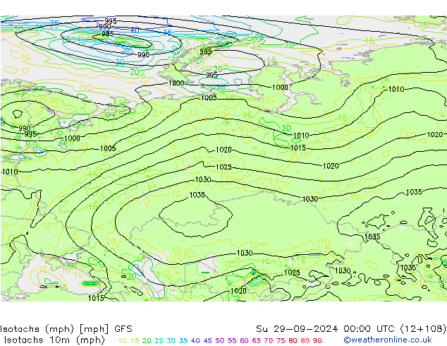 Isotachen (mph) GFS So 29.09.2024 00 UTC