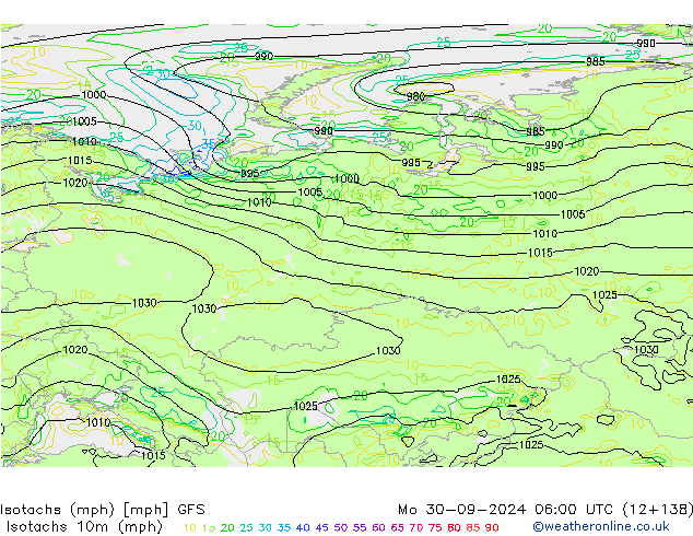 Isotachen (mph) GFS ma 30.09.2024 06 UTC