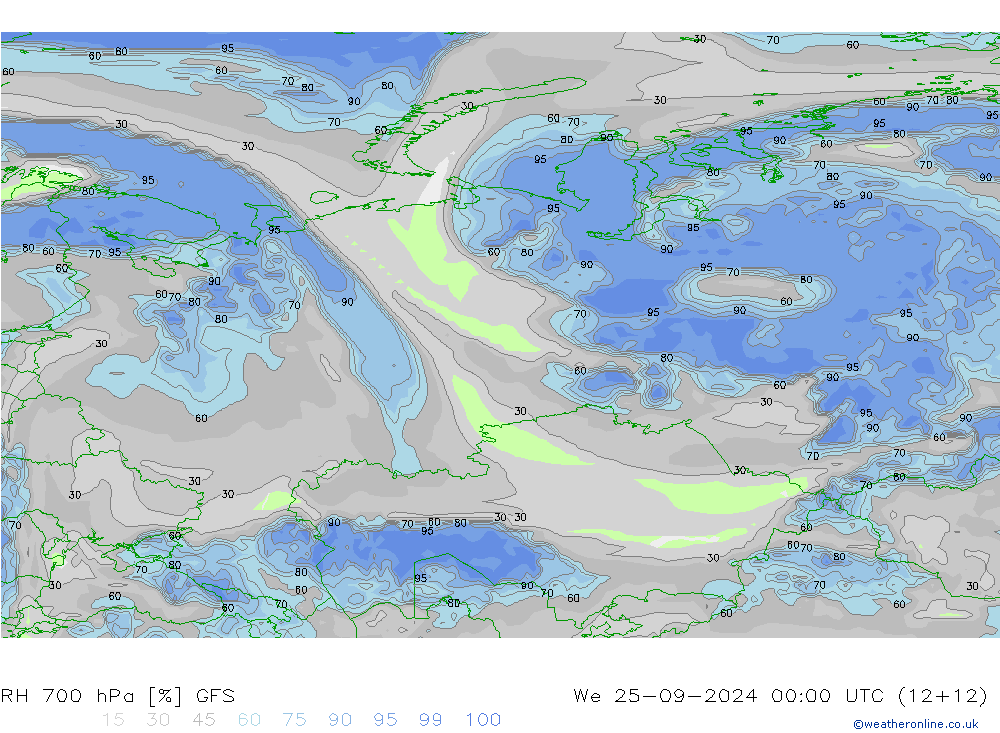 RH 700 hPa GFS śro. 25.09.2024 00 UTC