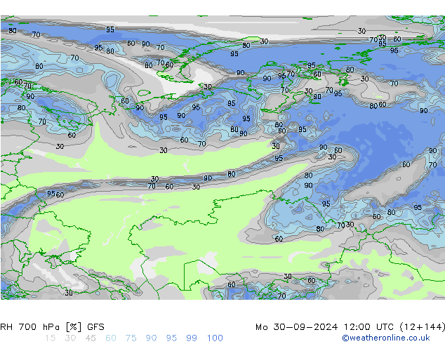 RH 700 hPa GFS Mo 30.09.2024 12 UTC