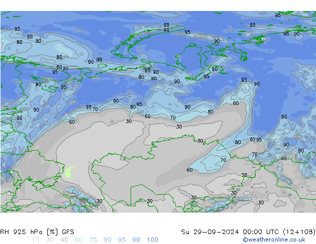 RH 925 hPa GFS Su 29.09.2024 00 UTC