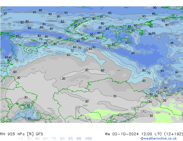 Humidité rel. 925 hPa GFS mer 02.10.2024 12 UTC