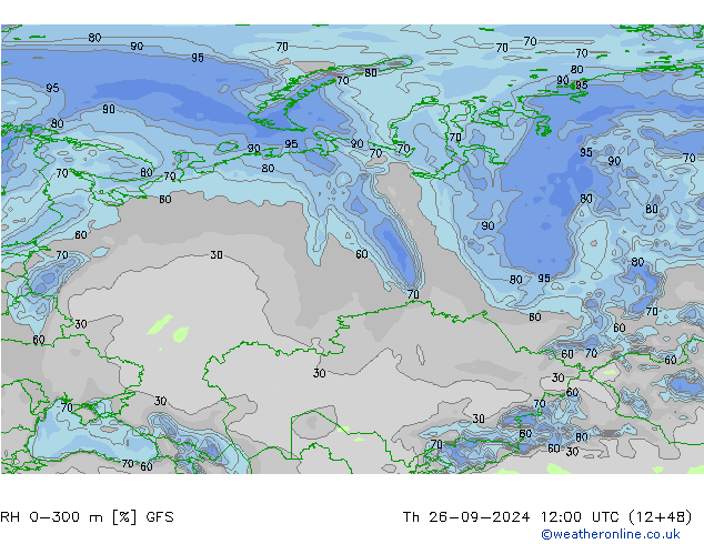 RH 0-300 m GFS czw. 26.09.2024 12 UTC