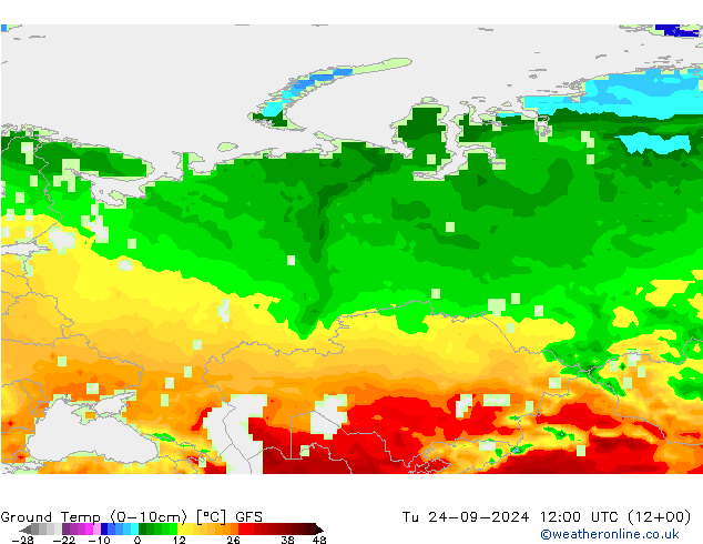 Ground Temp (0-10cm) GFS Út 24.09.2024 12 UTC