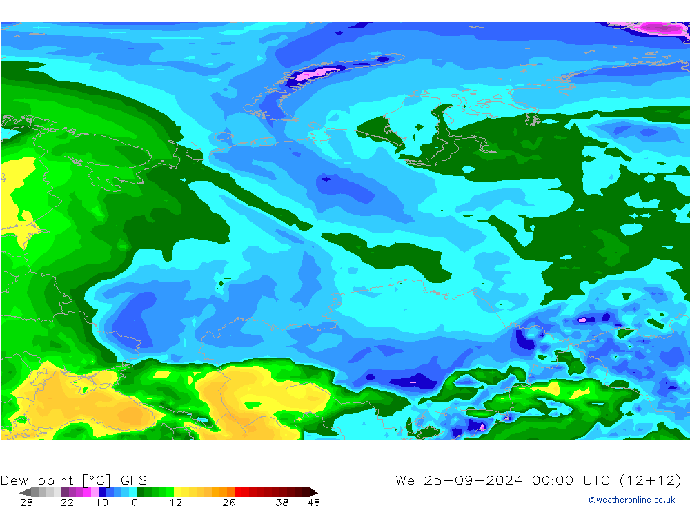 Punto di rugiada GFS mer 25.09.2024 00 UTC