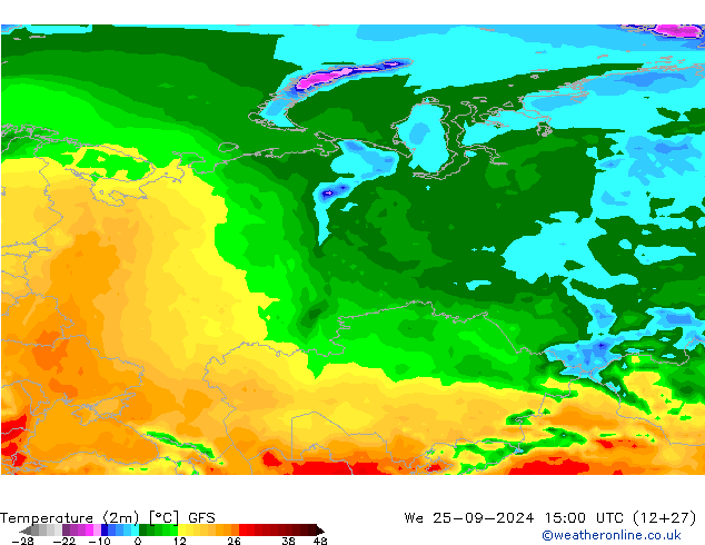 Temperatura (2m) GFS mié 25.09.2024 15 UTC