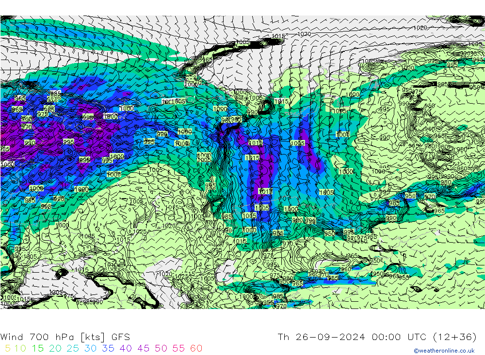 Vento 700 hPa GFS gio 26.09.2024 00 UTC