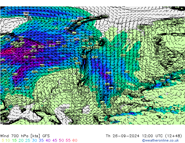 Vent 700 hPa GFS jeu 26.09.2024 12 UTC