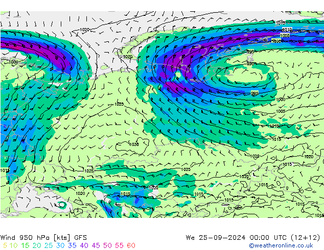 Vento 950 hPa GFS mer 25.09.2024 00 UTC