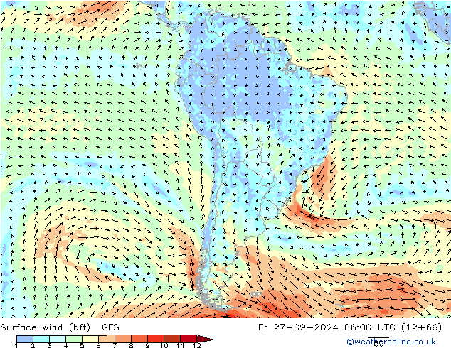 Surface wind (bft) GFS Fr 27.09.2024 06 UTC