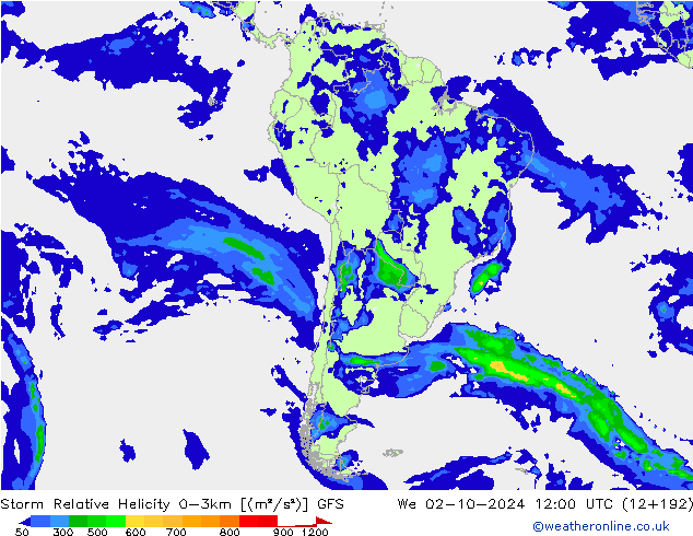 Storm Relative Helicity GFS mer 02.10.2024 12 UTC