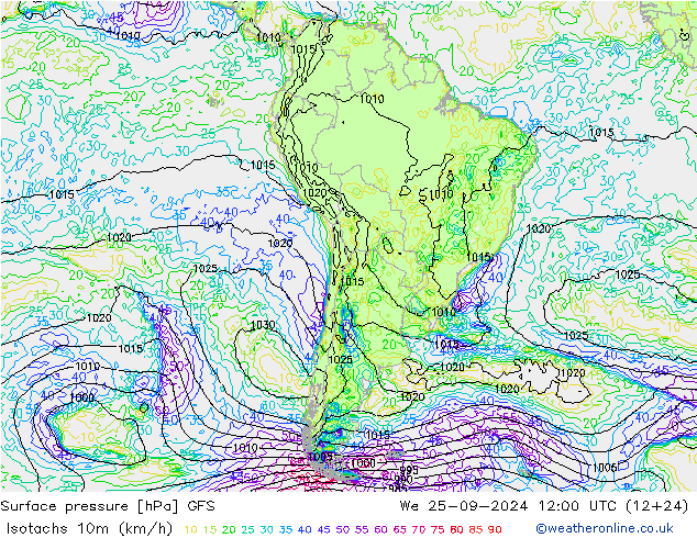 Isotachs (kph) GFS Qua 25.09.2024 12 UTC