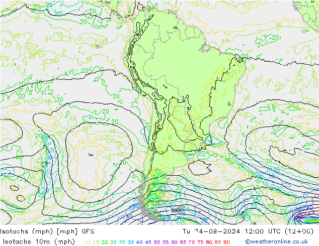 Isotachs (mph) GFS вт 24.09.2024 12 UTC