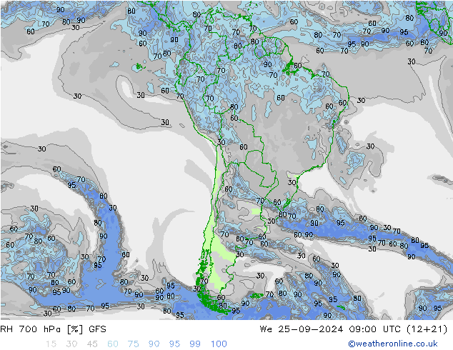 RH 700 hPa GFS Mi 25.09.2024 09 UTC