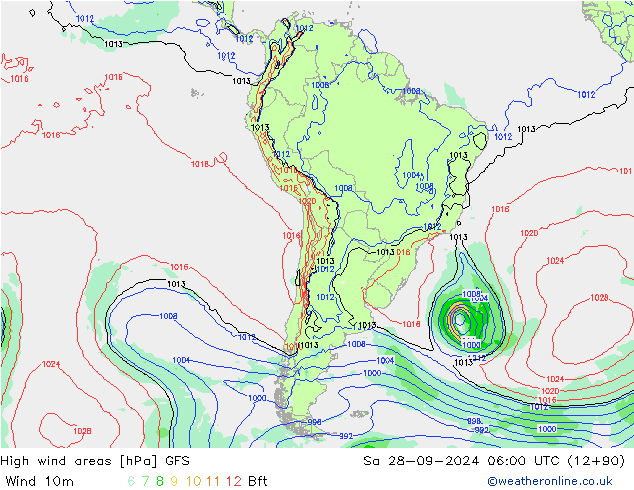 Izotacha GFS so. 28.09.2024 06 UTC