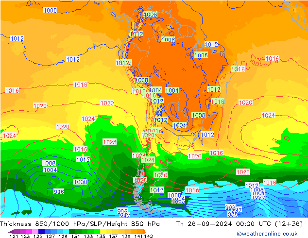 Dikte 850-1000 hPa GFS do 26.09.2024 00 UTC