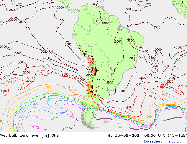 Wet bulb zero level GFS Mo 30.09.2024 06 UTC