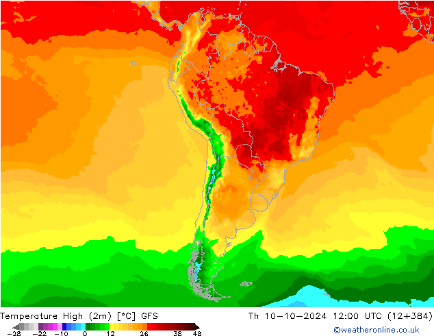 Temperature High (2m) GFS Th 10.10.2024 12 UTC