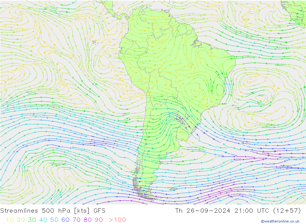 Linha de corrente 500 hPa GFS Qui 26.09.2024 21 UTC