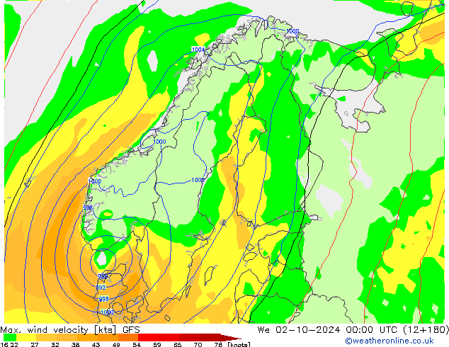 Max. wind snelheid GFS wo 02.10.2024 00 UTC