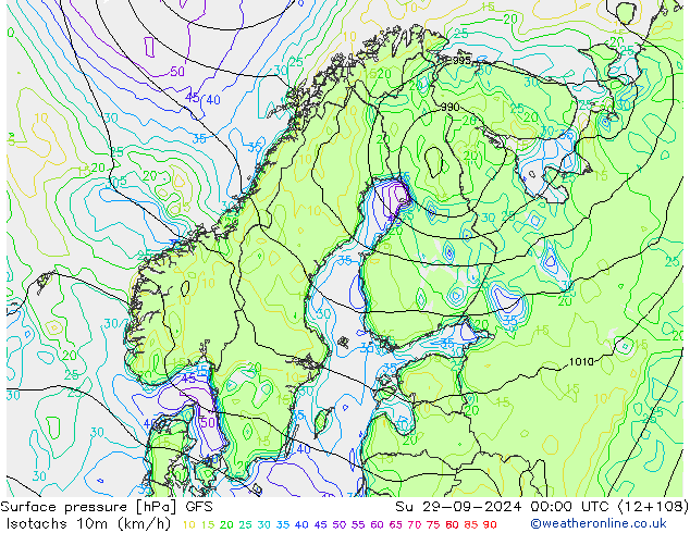 Isotachs (kph) GFS  29.09.2024 00 UTC