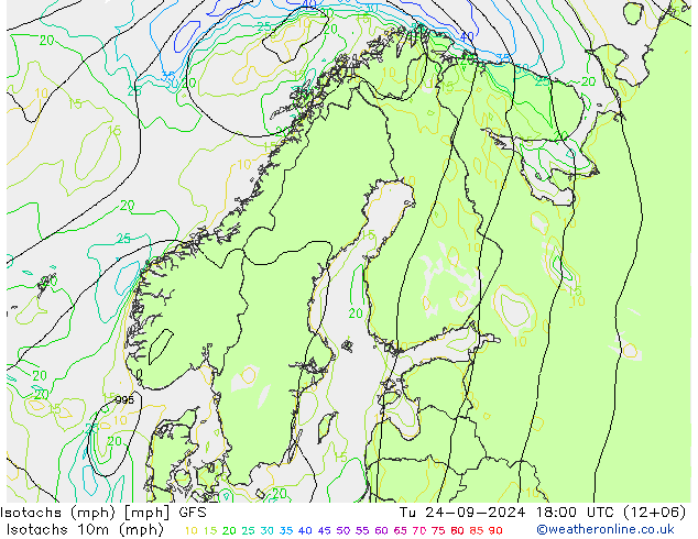 Isotachs (mph) GFS вт 24.09.2024 18 UTC